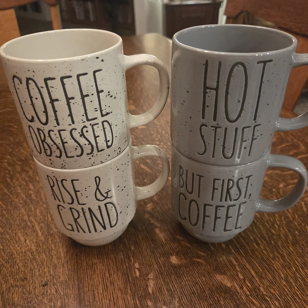 Rare Coffee Lovers' Gray and Cream Speckled Stackable Coffee Mug/Cup Set (4) - Picture 1 of 16